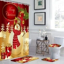 GRIEKOWE 4 Pcs Merry Christmas Shower Curtain Sets With Non-Slip Rug, Toilet Lid Cover And Bath Mat, Cute Golden Snowman Gift Box Shower Curtains With 12 Hooks For Bathroom Decor, 72''x72 -Xmas Lighting Shop 71M0UK4nrCL. AC SL1500