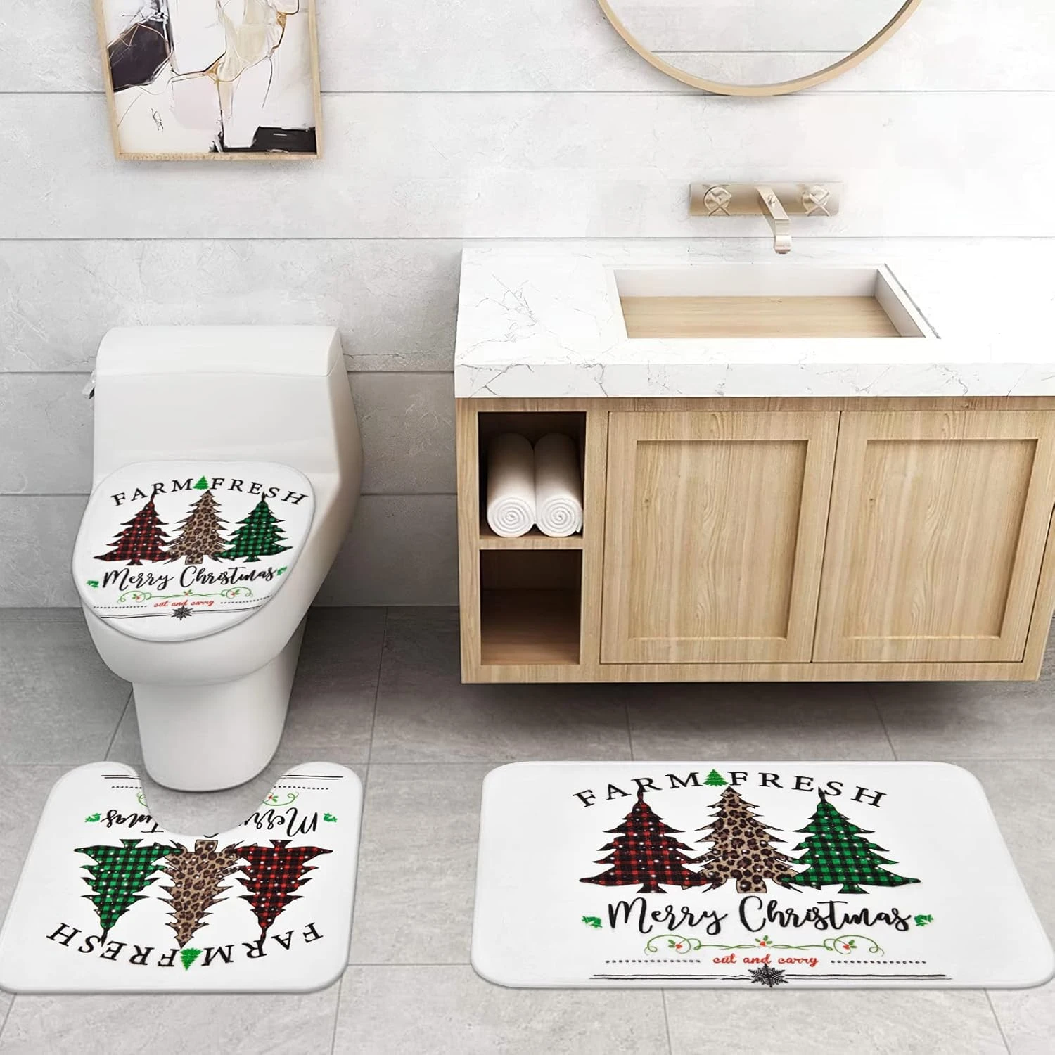 Likiyol 4 Pcs Merry Christmas Shower Curtain Sets With Non-Slip Rugs, Toilet Lid Cover And Bath Mat, Buffalo Plaid Shower Curtain With 12 Hooks, Winter Holiday Tree Shower Curtain 5 Likiyol 4 Pcs Merry Christmas Shower Curtain Sets With Non-Slip Rugs, Toilet Lid Cover And Bath Mat, Buffalo Plaid Shower Curtain With 12 Hooks, Winter Holiday Tree Shower Curtain - Image 5
