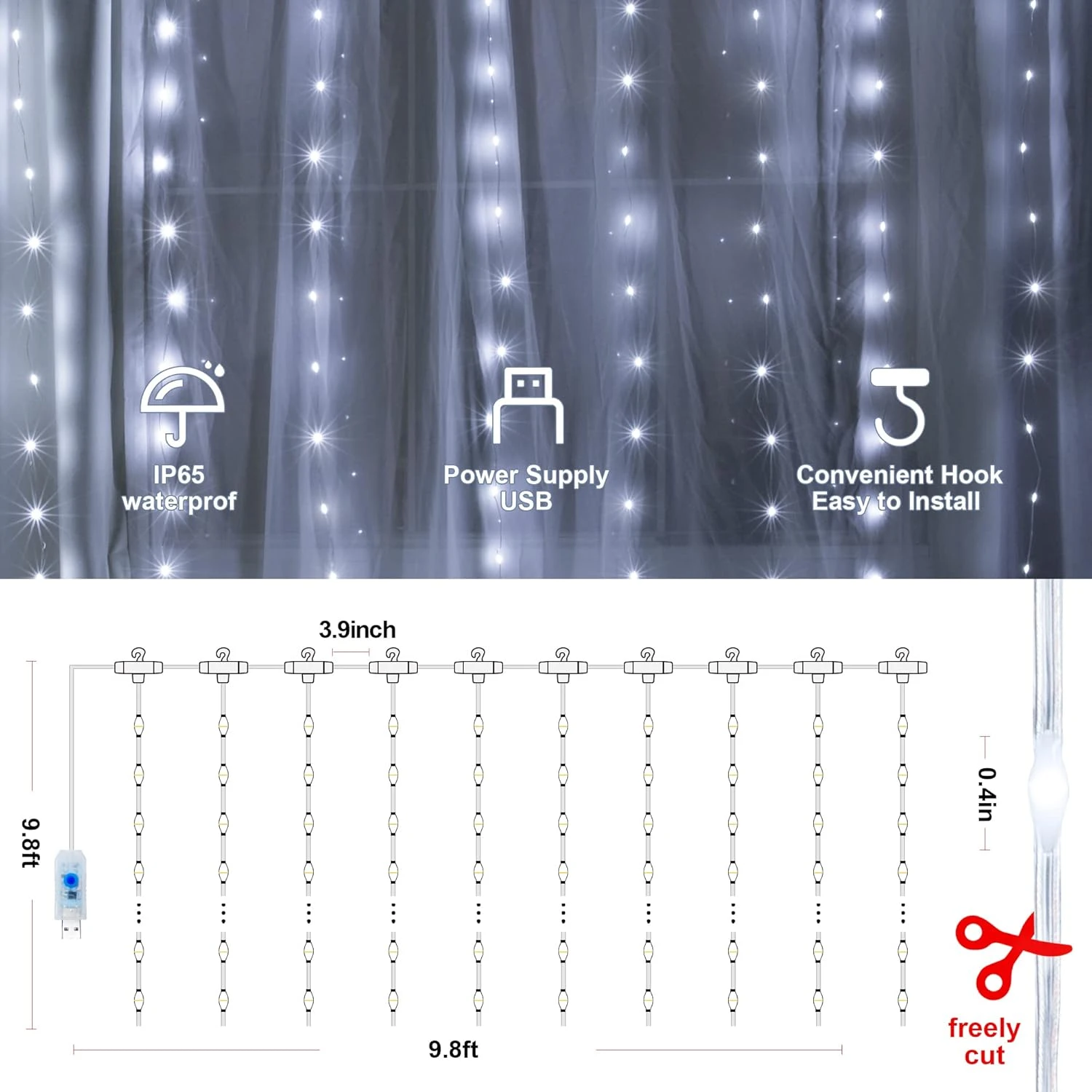 Hopolon Curtain String Lights With Remote,300LED 8 Modes 9.8ftx9.8ft 4.5V USB Powered Curtain Lights For Home Wedding Christmas Party Family Patio Garden Bedroom Outdoor Indoor Wall Decor(Cool White) 4 Hopolon Curtain String Lights With Remote,300LED 8 Modes 9.8ftx9.8ft 4.5V USB Powered Curtain Lights For Home Wedding Christmas Party Family Patio Garden Bedroom Outdoor Indoor Wall Decor(Cool White) - Image 4