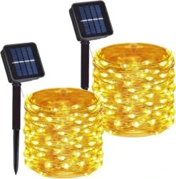 DAYLIGHTIR 2 Pack 100 LED Solar Powered Copper Wire String Lights Outdoor, Waterproof, 8 Modes Fairy Lights For Garden, Patio, Party, Yard, Christmas (Warm White)
