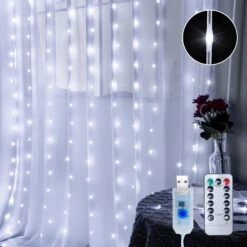 Hopolon Curtain String Lights With Remote,300LED 8 Modes 9.8ftx9.8ft 4.5V USB Powered Curtain Lights For Home Wedding Christmas Party Family Patio Garden Bedroom Outdoor Indoor Wall Decor(Cool White)