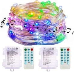 2 Pack Sound Activated Music String Lights,32.8ft 100LEDs 12 Modes Waterproof Copper Wire Multicolor AA Battery Powered String Lights With Remote Control For Bars,Parties,Christmas,Wedding Dance