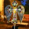 TEDOF Solar Cross Colored Glass Garden Decor,Jesus Cross Grave Decorations For Cemetery Statues Lights,Angel Solar Garden Lights,Halloween Christmas Outdoor Lawn Yard Patio