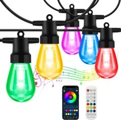Outdoor String Lights Color Changing - 48FT Sync With Music Led Patio Lights Outdoor Waterproof With App And Remote Hanging 15 RGB Bulb Create Ambience For Garden, Cafe, Backyard, Christmas, Party