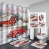 Forart Christmas Shower Curtain Set Vintage Red Truck Cloth Shower Curtains In Bath Red Retro Truck Car Bathroom Decor Xmas New Year Bathroom Accessories Set For Christmas Decoration