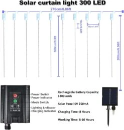 300 LED Solar Curtain Light Outdoor Remote Control 8 Lighting Modes Fairy Lights, IP65 Waterproof Copper Wire Lights For Christmas Party Wedding Home Garden Wall Decorations (Warm) -Xmas Lighting Shop 71Qa bgQj L. AC SL1500