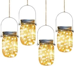 Aikeve Solar Mason Jar Lights,4 Pack 30 Led Starry Fairy String Hanging Jar Lights,Solar Lanterns For Outdoor Patio Party Garden Wedding Christmas Decorations Lights(Mason Jars/Handles Included)