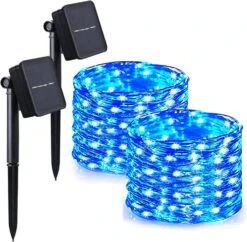 Christmas Lights Solar Outdoor, Solar Powered Fairy Lights,Copper Solar Lights, 33FT Waterproof, 8 Modes, 2x100LED(Blue)
