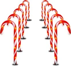 FUNPENY 10.6" Christmas Candy Cane Pathway Markers Lights, Set Of 10 Connectable Christmas Walkway Stakes Lights With 60 Warm White Lights Decorations For Xmas Outdoor Indoor Yard Lawn Decor