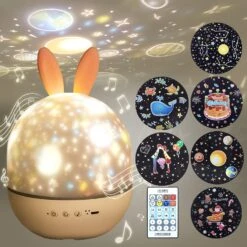 Night Light For Kids,Rotating Starry Night Light Projector With Remote Control,6 Films,USB Rechargeable,Soothe Musics,Bedside Lamp Nursery Light For Baby,Boys,Girls Birthday,Christmas Gift (White)