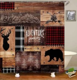 Camille&Andrew 4PCS Cabin Shower Curtain Set, Bear Deer Elk Moose Woodland Animal Hunting Lodge Patchwork Red Black Buffalo Plaid Christmas Country Rustic Farmhouse Bathroom Decor, Non-Slip Bath Mat -Xmas Lighting Shop 71ThPXZUKOL. AC SL1134