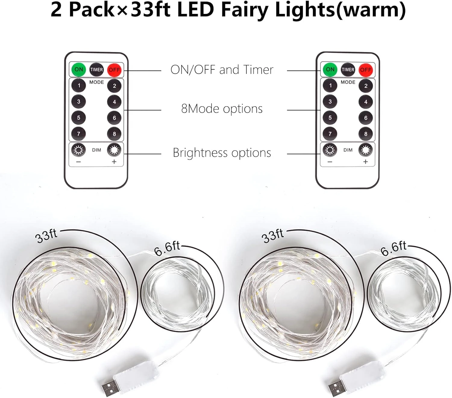 Fairy Lights USB Plug In, 2 Pack×33ft LED String Lights With Remote, 8 Modes Fairy String Lights, Christmas Lights Indoor Outdoor, Twinkle Lights For Bedroom, Party,Garden,Tree (Warm White) 7 Fairy Lights USB Plug In, 2 Pack×33ft LED String Lights With Remote, 8 Modes Fairy String Lights, Christmas Lights Indoor Outdoor, Twinkle Lights For Bedroom, Party,Garden,Tree (Warm White) - Image 7