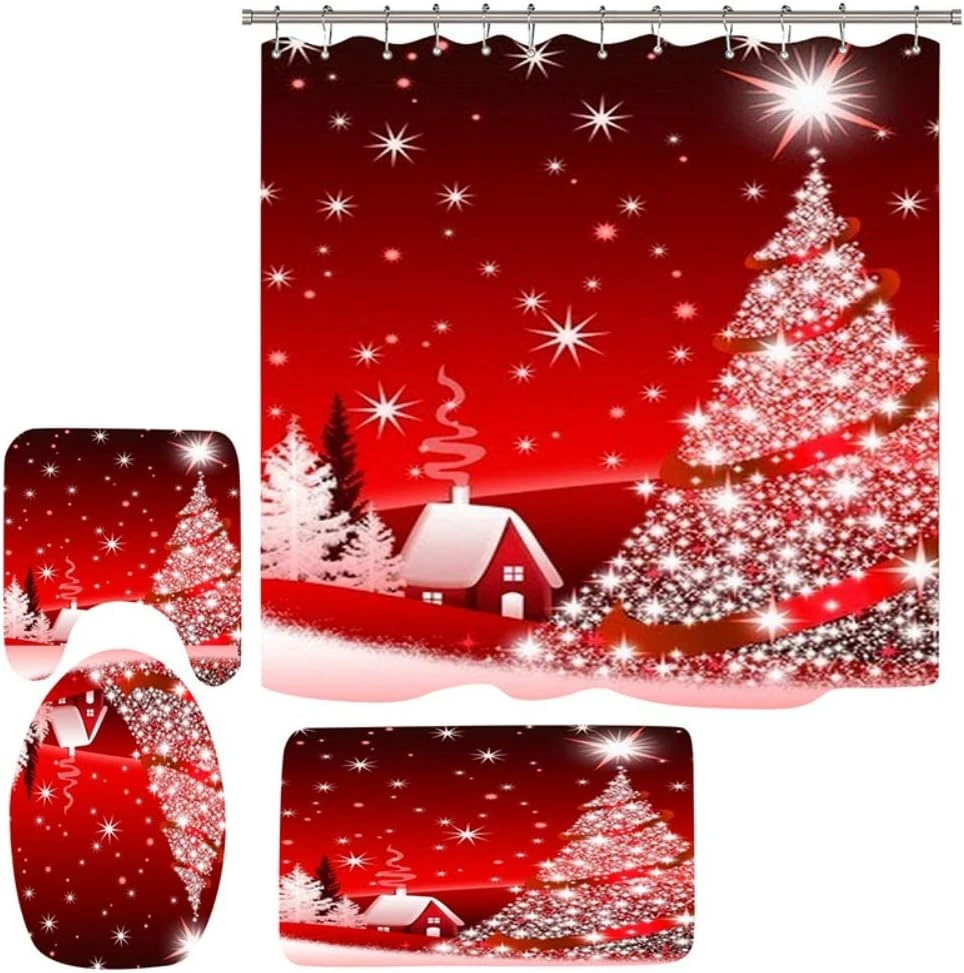Hotfiary Shower Curtains For Bathroom, Christmas Shower Curtain Set For Bathroom, Winter Holiday Festival New Year Shower Curtain Sets With 12 Hooks And Non-Slip Rugs, Bath Mat, Toilet Lid Cover 1 Hotfiary Shower Curtains For Bathroom, Christmas Shower Curtain Set For Bathroom, Winter Holiday Festival New Year Shower Curtain Sets With 12 Hooks And Non-Slip Rugs, Bath Mat, Toilet Lid Cover
