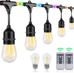 LED Outdoor String Lights, 48FT Patio Lights With Remote & 15 Dimmable Edison Shatterproof Bulbs, RGB Fairy Rope Hanging Light For Outside, Café, Deck, Porch, Garden, Bistro, Christmas Party (Plug) -Xmas Lighting Shop 71YwAc2GR3L. AC SL1500
