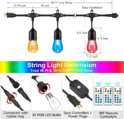 SHINE HAI 2-Pack 48FT Outdoor RGB String Lights, Cafe LED String Light With 30+5 Shatterproof Edison Bulb Dimmable, Commercial Light String For Patio Backyard Christmas Party, 2 Remote, 96FT -Xmas Lighting Shop 71ZwXC 4SRL. AC SL1500