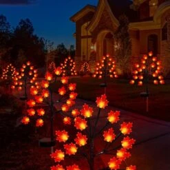 Fall Leaves Decorations Solar Garden Lights Outdoor,40LED RED Maple Leaves Solar Stake Lights - Waterproof Outdoor Autumn Harvest Solar Thanksgiving Lights For Yard Party Home Christmas Decor,2Pack