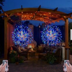 360 LED Hanging Starburst Sphere Lights 2 Pack Battery Operated Firework Light Remote Control 8 Mode Waterproof Silver Wire Fairy Light Chandelier For Gazebo Girl Gift Christmas Indoor Outdoor Decor