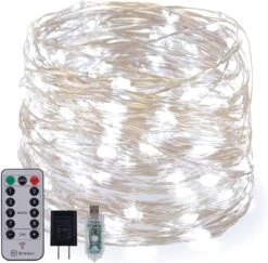 Gardenvy Fairy Lights Plug In, 66ft 200 Mini LEDs String Lights With RF Remote Control, UL Adaptor Included, USB Starry Lights For Christmas Garden Party Indoor Decor, Silver Wire, Cool White