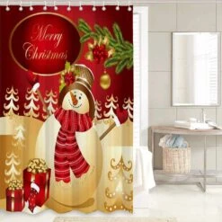 GRIEKOWE 4 Pcs Merry Christmas Shower Curtain Sets With Non-Slip Rug, Toilet Lid Cover And Bath Mat, Cute Golden Snowman Gift Box Shower Curtains With 12 Hooks For Bathroom Decor, 72''x72 -Xmas Lighting Shop 71e0mF8ZUzL. AC SL1500