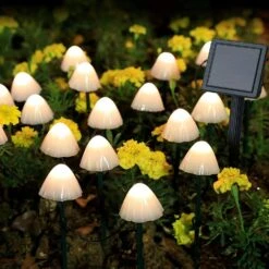 HULPPRE Set Of 15pcs Warm White 8 Modes 29.5ft Mini Mushroom Solar Lights Solar Pathway Lights Outdoor Decoration Fairy Color Changing Solar String Light For Garden,Backyard,Lawn,Party,Christmas