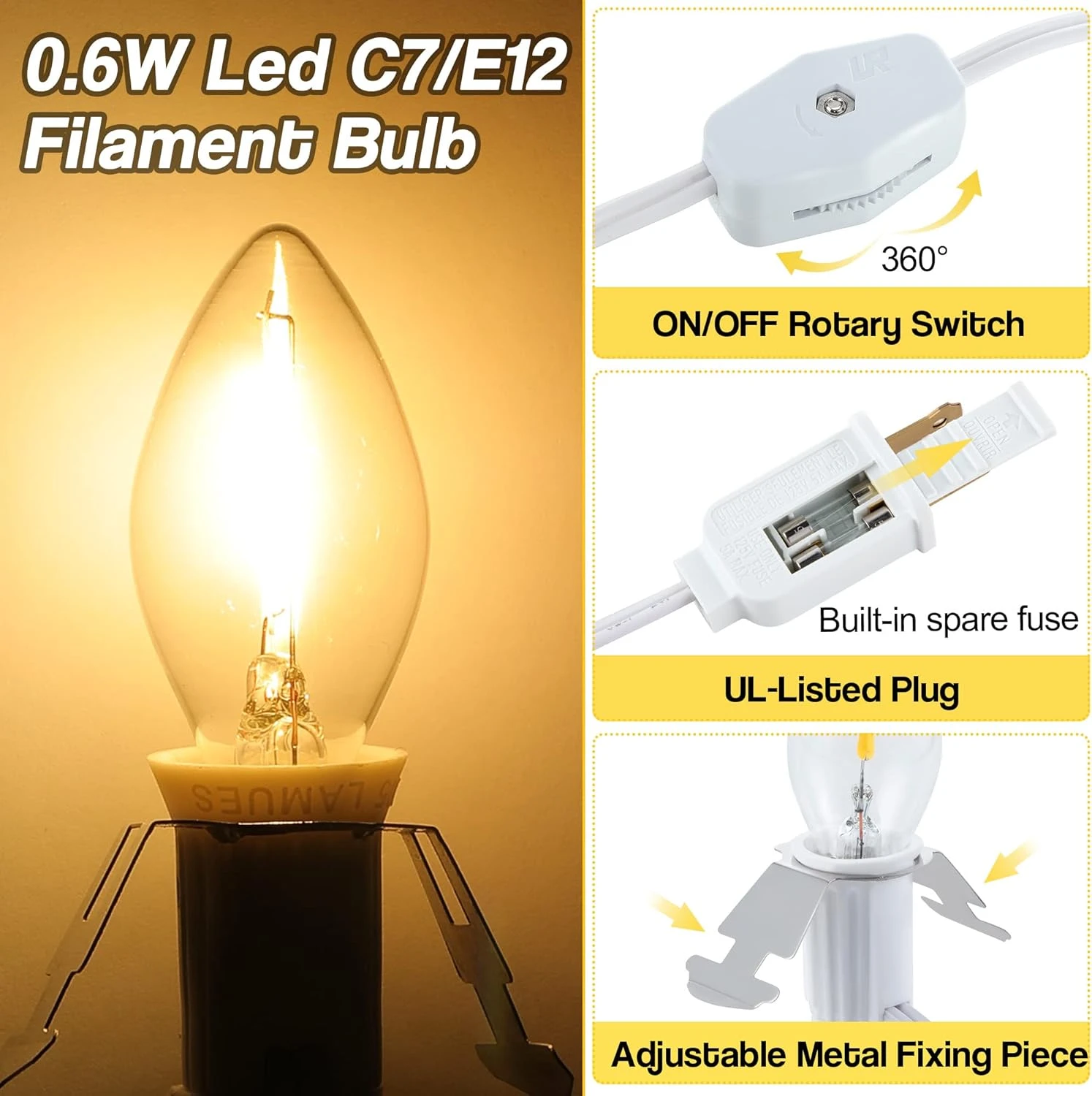 Feekoon 20 Pcs Accessory Cord With LED Light Bulb, 6 Ft Blow Mold Light Cord With Switch Plugs For Halloween Pumpkins Christmas Village Houses And Craft Projects Decoration 3 Feekoon 20 Pcs Accessory Cord With LED Light Bulb, 6 Ft Blow Mold Light Cord With Switch Plugs For Halloween Pumpkins Christmas Village Houses And Craft Projects Decoration - Image 3