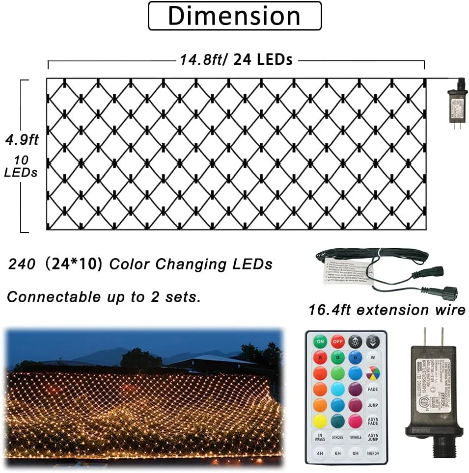 Obrecis Christmas Net Lights Outdoor, 240 LED 18 Color Changing Mesh Lights, 14.8ft X 5ft Waterproof Connectable Multicolored Fairy String Lights For Bushes Xmas Tree Garden Wedding Party Home Decor 6 Obrecis Christmas Net Lights Outdoor, 240 LED 18 Color Changing Mesh Lights, 14.8ft X 5ft Waterproof Connectable Multicolored Fairy String Lights For Bushes Xmas Tree Garden Wedding Party Home Decor - Image 6