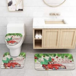 Ikfashoni 4 Pcs Christmas Shower Curtains Set With Non-Slip Rugs, Toilet Lid Cover And Bath Mat, Vintage Rustic Wooden Shower Curtain With 12 Hooks, Xmas Tree Snowflake Shower Curtain For Bathroom -Xmas Lighting Shop 71gKKYb7EDL. AC SL1500