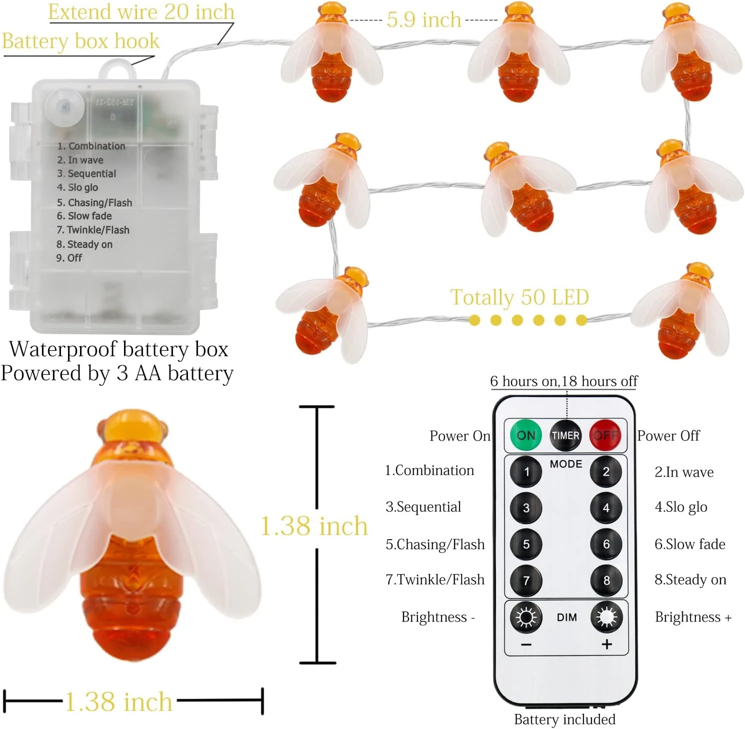 Xingpold Honeybee String Lights Battery Operated, 50 LED 25 Ft 8 Modes Waterproof Fairy Garden Lights With Remote & Timer For Kids Tent Patio Camping Wreath Christmas Indoor Outdoor Decor Warm White 2 Xingpold Honeybee String Lights Battery Operated, 50 LED 25 Ft 8 Modes Waterproof Fairy Garden Lights With Remote & Timer For Kids Tent Patio Camping Wreath Christmas Indoor Outdoor Decor Warm White - Image 2