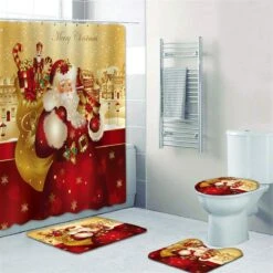 4 Pcs Merry Christmas Shower Curtain Set With Non-Slip Rug, Toilet Lid Cover And Bath Mat, 1 Survivor Pendant,Xmas Snowman Shower Curtains With 12 Hooks, Christmas Shower Curtain Sets For Bathroom