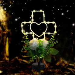 Lmtocs New Cross Solar Lights With Rose Flowers Grave Decorations For Cemetery Loved One, Lighted Cross Sympathy Memorial Gifts, Solar Cross Garden Lights For Christmas Yard Patio Pathway Grave Site