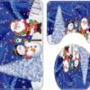 Anti Slip Bath Mats For Bathroom, Santa Claus Snowman Tree Christmas Bath Mat Set Of 3 Bathroom Rugs/Contour Mat/Toilet Cover, Polyester PVC Bathroom Rugs Set For Christmas Decorations (Dark Blue)