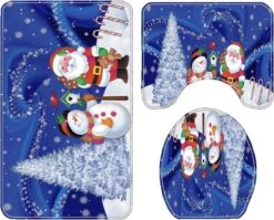 Anti Slip Bath Mats For Bathroom, Santa Claus Snowman Tree Christmas Bath Mat Set Of 3 Bathroom Rugs/Contour Mat/Toilet Cover, Polyester PVC Bathroom Rugs Set For Christmas Decorations (Dark Blue)