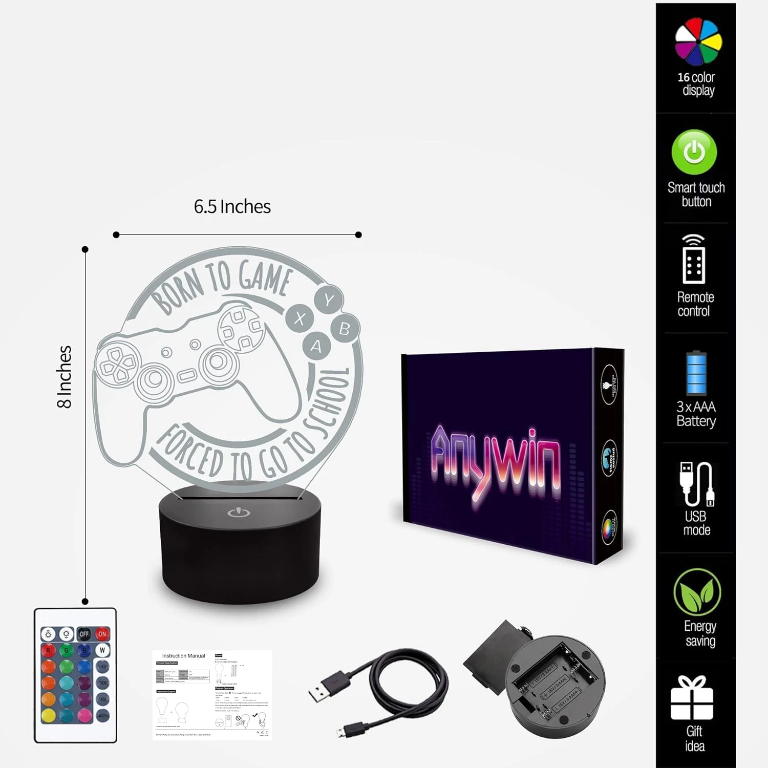 Anywin Game Night Light, Game Lamp For Kids, Game Console Night Light Gift, Christmas Holiday Birthday Gifts For Boys Boyfriend Him,Born To Game Forced To Go To School Lamp 7 Anywin Game Night Light, Game Lamp For Kids, Game Console Night Light Gift, Christmas Holiday Birthday Gifts For Boys Boyfriend Him,Born To Game Forced To Go To School Lamp - Image 7