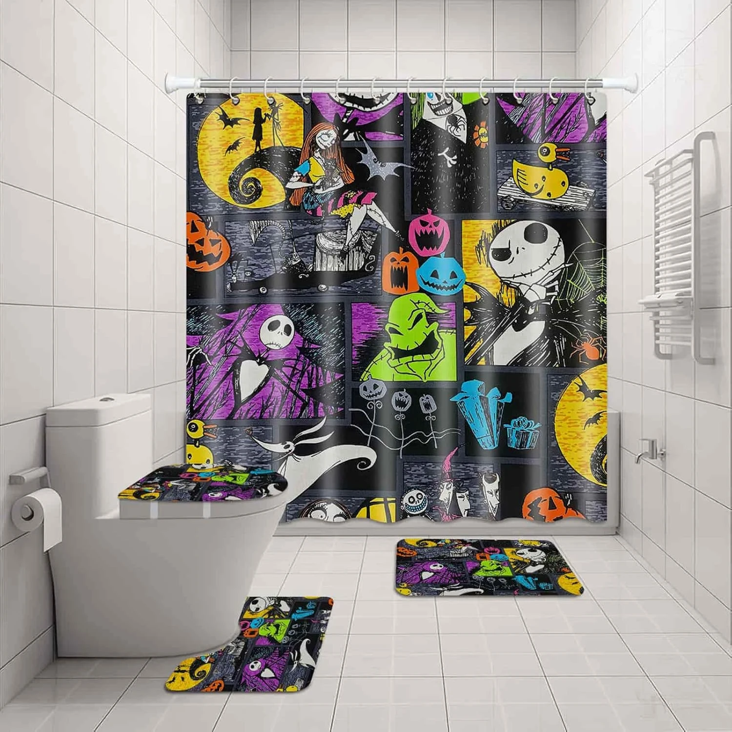LAYINUSG 4Pcs Nightmare Before Christmas Shower Curtain Set With Non-Slip Rugs, Toilet Lid Cover And Bath Mat, Halloween Xmas Winter Holiday Bathroom Decor Sets With 12 Hooks 72 X 72 Inches 2 LAYINUSG 4Pcs Nightmare Before Christmas Shower Curtain Set With Non-Slip Rugs, Toilet Lid Cover And Bath Mat, Halloween Xmas Winter Holiday Bathroom Decor Sets With 12 Hooks 72 X 72 Inches - Image 2