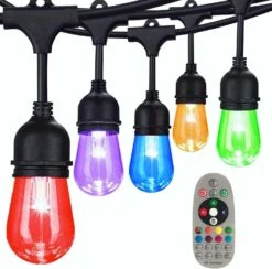 48FT Outdoor String Lights, Commercial Grade Color Changing With Music Sync, Remote And 15+1 Shatterproof LED Edison Bulbs Dimmable Patio String For Christmas Holidays Parties Illuminate Your Space