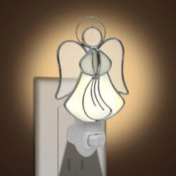 KUNDGLA Angel Stained Glass Night Light Decorative Wall Plug In Nightlight For Hallway Bedroom Bathroom Kitchen Home Décor, Gift For Birthday Christmas Valentine Holidays - Yellow Angel