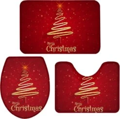 Teather Christmas Tree 3 Piece Bath Rugs Sets Gold Xmas Tree Bathroom Mats Set Non Slip Water Absorbent U-Shaped Contour Toilet Mat Star Toilet Lid Cover, Large:20'x31'+16'x20'+16'x18'