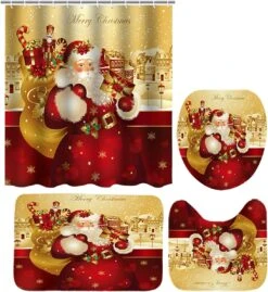 Christmas Shower Curtain Set For Bathroom Decorations,4 Pcs Xmas Element Waterproof Tub Curtains With Bath Rugs, Washable Non-Slip Mat,Toilet Cover And Hooks For Holiday Inside Outside Decor (A42)