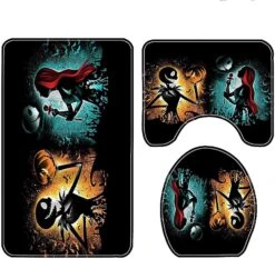 4 Pcs /Set Halloween Bathroom Decor Shower Curtain Sets With Bath Rugs ,Nightmare Before Christmas Bathtub Curtains Area Rug Mats Toilet Seat Cover Hooks Gray Skull Skeleton Blue Yellow (Black) -Xmas Lighting Shop 71o1ZIBWL. AC SL1500