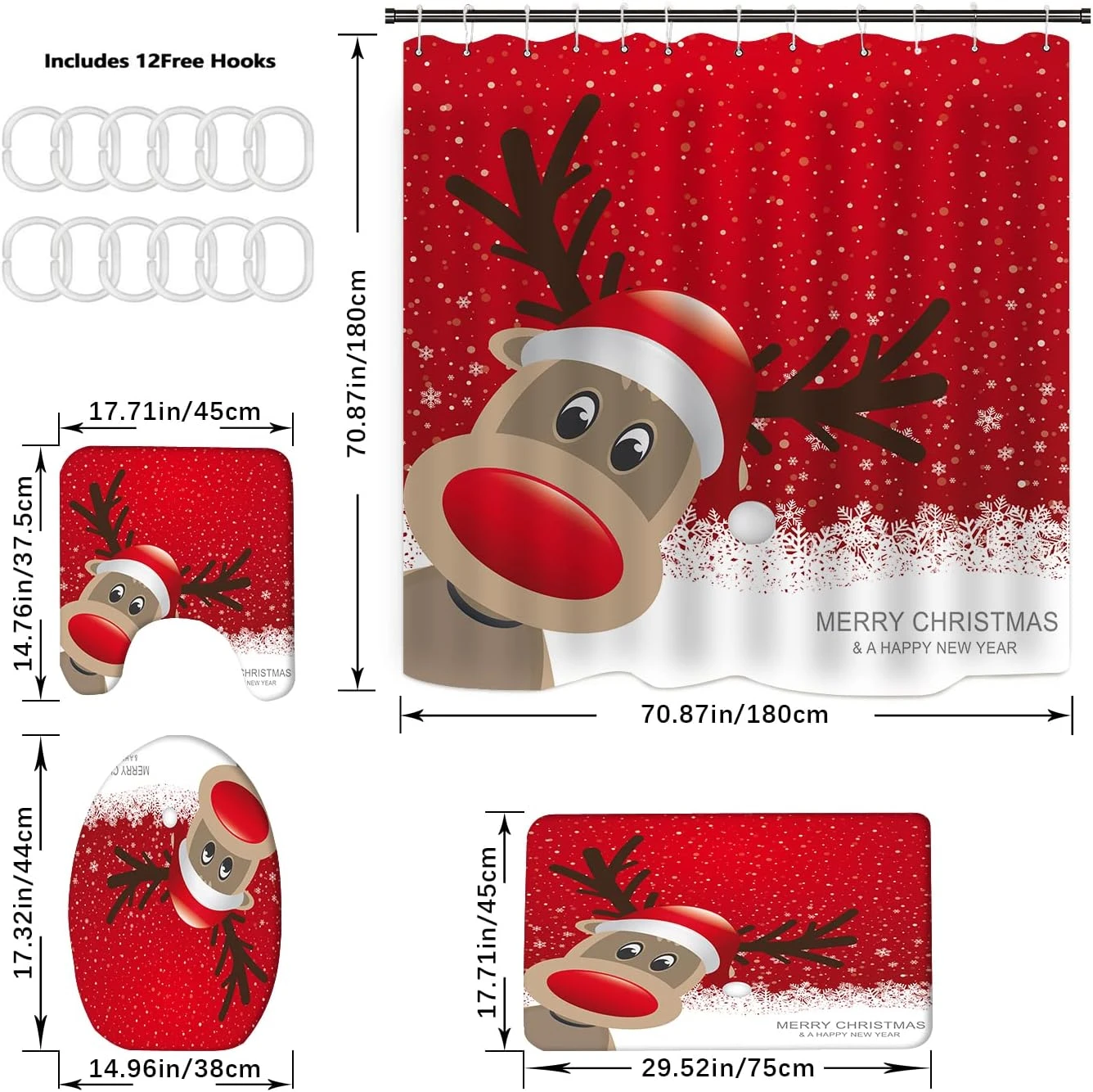 Merry Christmas Shower Curtain Sets For Bathroom, 4Pcs Xmas Shower Curtain/Non-Slip Bathroom Rugs/Lid Toilet Cover/Bath Mat, Funny Santa Claus Elk Snowman Bell Car Carpet Decor(Happy Elk) 3 Merry Christmas Shower Curtain Sets For Bathroom, 4Pcs Xmas Shower Curtain/Non-Slip Bathroom Rugs/Lid Toilet Cover/Bath Mat, Funny Santa Claus Elk Snowman Bell Car Carpet Decor(Happy Elk) - Image 3