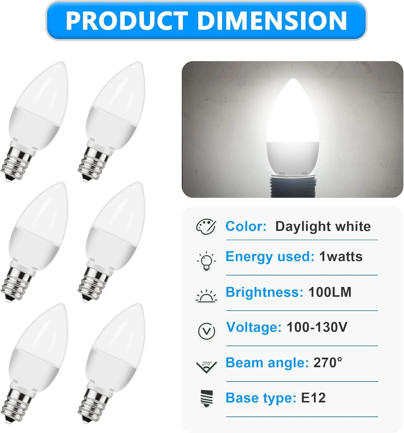 Flaspar LED C7 Night Light Bulb, 1W(10 Watt Equivalent) Candelabra E12 Base Mini LED Bulb, Daylight White 6000K For For Christmas Villages, Chandelier, Ceiling, Low Watt Led Light Bulbs, 6 Pack 2 Flaspar LED C7 Night Light Bulb, 1W(10 Watt Equivalent) Candelabra E12 Base Mini LED Bulb, Daylight White 6000K For For Christmas Villages, Chandelier, Ceiling, Low Watt Led Light Bulbs, 6 Pack - Image 2