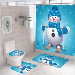 OKYUK Christmas Bathroom Set Shower Curtain Sets With 12 Hooks Soft Non-Slip Bath Mat Toilet U-Shaped Floor Mat And Toilet Lid Cover Mat For Bathroom Decor (Snowman Skiing)