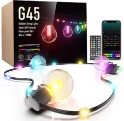 Zuukoo Smart Outdoor String Lights,50Ft Sync With Music Led RGB Patio Lights,Color Changing App Control With 25 Dimmable Bulbs, Accent Light G45 Waterproof For Garden,Cafe,Backyard,Christmas,Party