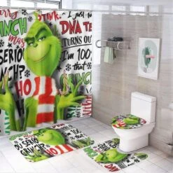 LIXBDHN 4Pcs Christmas Shower Curtain, Toilet Lid Rug, Contour Mat And Bath Mat With 12 Hooks For Bathroom Set Decor (72 X 72 Inch)