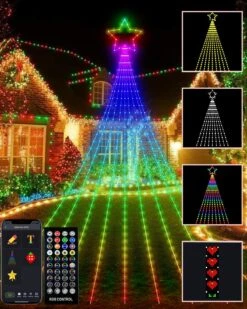 Outdoor Christmas Decorations Lights With Star, Smart DIY Custom Display 11.8Ft 64 Modes Yard Waterfall Tree String Lights, App Control 344LED RGB Color Changing Music Timer For Xmas Tree Lawn Decor