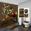 4Pcs Christmas Elk Grinch Shower Curtain Set With Non-Slip Rugs,Bath Mat And Toilet Lid Cover For Bathroom Weighted Lead Hem Polyester,New Year Xmas Winter Holiday Decor With 12 Hooks 72x72 In(61)