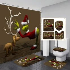 4Pcs Christmas Elk Grinch Shower Curtain Set With Non-Slip Rugs,Bath Mat And Toilet Lid Cover For Bathroom Weighted Lead Hem Polyester,New Year Xmas Winter Holiday Decor With 12 Hooks 72x72 In(61)