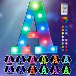Light Up Colorful LED Marquee Letter Lights, 18 Colors Changing Alphabet Letters Sign With Remote Timer For Night Light Girls Bedroom Wedding Birthday Party Lamp Christmas Home Bar Decor- Colorful A