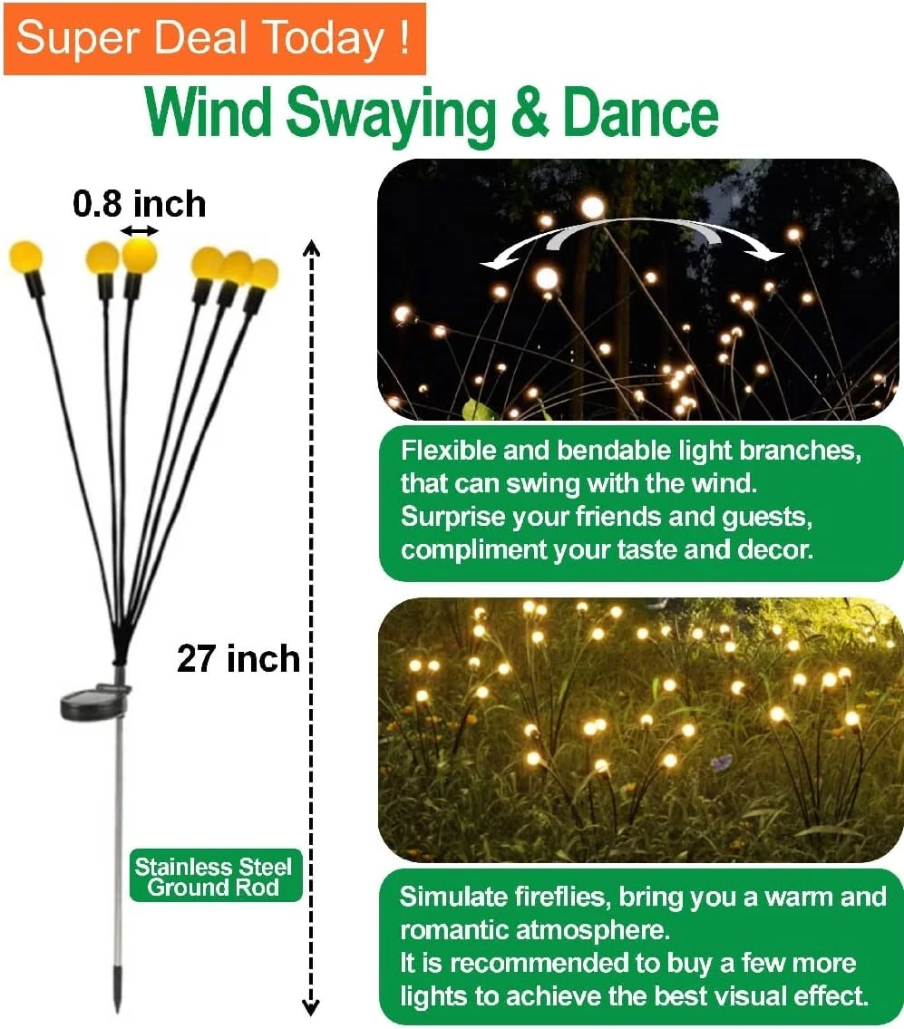 Solar Lights Outdoor Waterproof IPX5, Solar Garden Lights, Firefly Garden Lights Solar Outdoor Lights Fairy Lights, Yard Patio Pathway Christmas Lights Outdoor Decor, Warm White, 4Count, New Upgraded 3 Solar Lights Outdoor Waterproof IPX5, Solar Garden Lights, Firefly Garden Lights Solar Outdoor Lights Fairy Lights, Yard Patio Pathway Christmas Lights Outdoor Decor, Warm White, 4Count, New Upgraded - Image 3