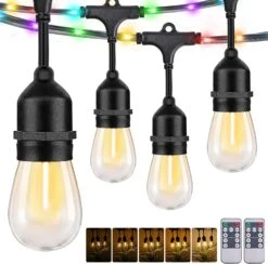 LED Outdoor String Lights, 48FT Patio Lights With Remote & 15 Dimmable Edison Shatterproof Bulbs, RGB Fairy Rope Hanging Light For Outside, Café, Deck, Porch, Garden, Bistro, Christmas Party (Plug)